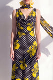 Black Yellow Flower A-Line V-Neck Chiffon Midi Dress with Neck Scarf