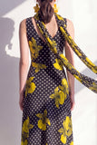 Black Yellow Flower A-Line V-Neck Chiffon Midi Dress with Neck Scarf