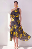 Black Yellow Flower A-Line One Shoulder Chiffon Midi Dress