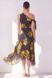Black Yellow Flower A-Line One Shoulder Chiffon Midi Dress