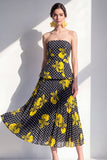 Strapless Black Yellow Flower A-Line Chiffon Midi Dress