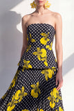 Strapless Black Yellow Flower A-Line Chiffon Midi Dress