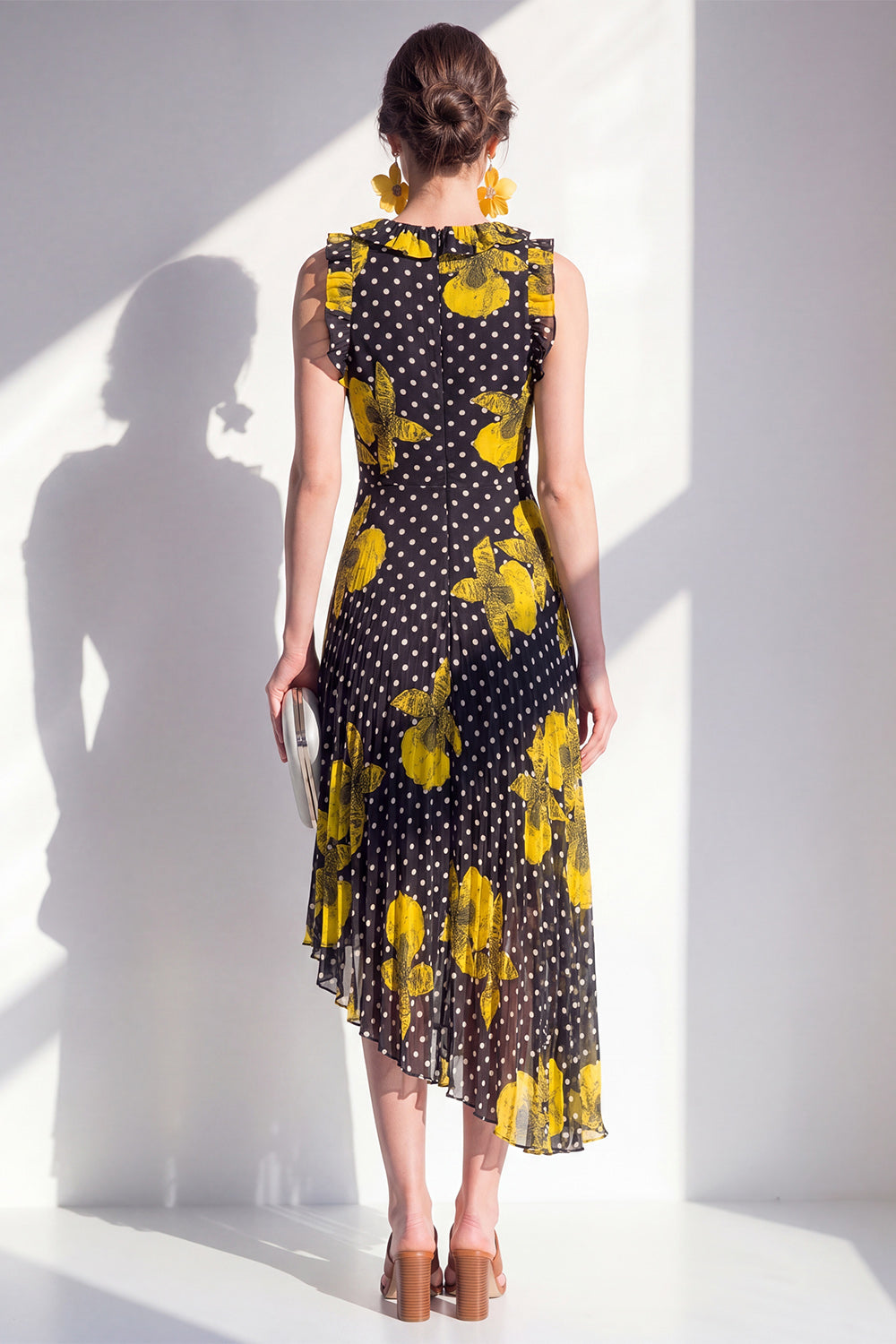 Black Yellow Flower A-Line Round Neck Asymmetrical Chiffon Midi Dress