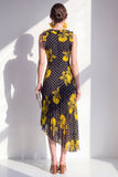 Black Yellow Flower A-Line Round Neck Asymmetrical Chiffon Midi Dress