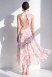 Pink Flower A-Line Chiffon Halter Neck Midi Dress