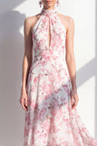Pink Flower A-Line Chiffon Halter Neck Midi Dress