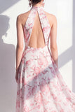 Pink Flower A-Line Chiffon Halter Neck Midi Dress