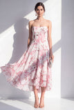 A-Line Pink Flower Chiffon Strapless Midi Dress