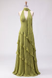 A-Line Yellow Halter Neck Chiffon Maxi Dress with Ruffles