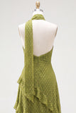 A-Line Yellow Halter Neck Chiffon Maxi Dress with Ruffles