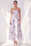 Lilac Flower A-Line Strapless Chiffon Midi Dress