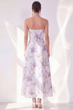 Lilac Flower A-Line Strapless Chiffon Midi Dress