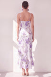 Lilac Flower Spaghetti Straps Chiffon Sheath Ruffled Midi Dress with Slit