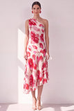Blue Red Flower One Shoulder A-Line Asymmetrical Midi Dress