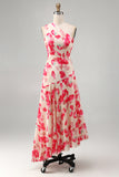 Blue Red Flower One Shoulder A-Line Asymmetrical Midi Dress