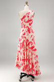 Blue Red Flower One Shoulder A-Line Asymmetrical Midi Dress