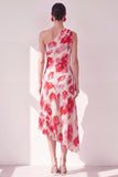 Blue Red Flower One Shoulder A-Line Asymmetrical Midi Dress