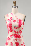Blue Red Flower One Shoulder A-Line Asymmetrical Midi Dress
