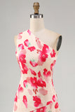 Blue Red Flower One Shoulder A-Line Asymmetrical Midi Dress