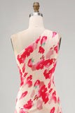 Blue Red Flower One Shoulder A-Line Asymmetrical Midi Dress