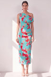 Blue Red Flower One Shoulder Bodycon Ruched Midi Dress