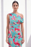 Blue Red Flower One Shoulder Bodycon Ruched Midi Dress