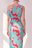 Blue Red Flower One Shoulder Bodycon Ruched Midi Dress