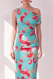 Blue Red Flower One Shoulder Bodycon Ruched Midi Dress