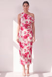 Blue Red Flower One Shoulder Bodycon Ruched Midi Dress