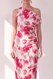 Blue Red Flower One Shoulder Bodycon Ruched Midi Dress