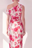 Blue Red Flower One Shoulder Bodycon Ruched Midi Dress