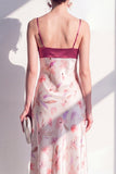 Pink A-Line Satin Spaghetti Straps Floral Midi Dress