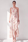 Apricot One Shoulder Chiffon A-Line Maxi Floral Dress with Ruffles