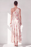Apricot One Shoulder Chiffon A-Line Maxi Floral Dress with Ruffles