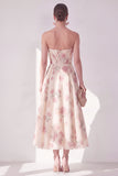Apricot Strapless Chiffon Ruched A-Line Midi Floral Dress