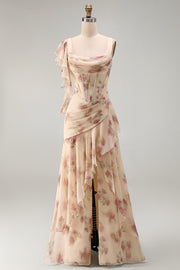 Apricot Mermaid Chiffon Ruched Corset Ruffled Floral Maxi Dress with Slit