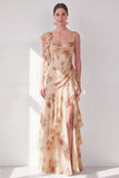 Apricot Mermaid Chiffon Ruched Corset Ruffled Floral Maxi Dress with Slit