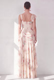 Apricot Mermaid Chiffon Ruched Corset Ruffled Floral Maxi Dress with Slit