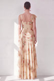 Apricot Mermaid Chiffon Ruched Corset Ruffled Floral Maxi Dress with Slit
