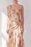 Apricot Mermaid Chiffon Ruched Corset Ruffled Floral Maxi Dress with Slit