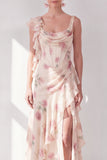 Apricot Mermaid Chiffon Ruched Corset Ruffled Floral Maxi Dress with Slit