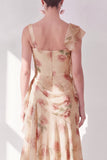 Apricot Mermaid Chiffon Ruched Corset Ruffled Floral Maxi Dress with Slit