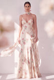 Apricot Mermaid Chiffon Spaghetti Straps Maxi Floral Dress with Slit