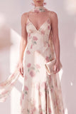 Apricot Mermaid Chiffon Spaghetti Straps Maxi Floral Dress with Slit