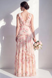 Apricot Floral A-Line V-Neck Chiffon Long Bridesmaid Dress with Ruffles