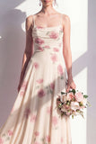 Apricot Floral A-Line Chiffon Ruched Long Bridesmaid Dress
