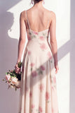 Apricot Floral A-Line Chiffon Ruched Long Bridesmaid Dress