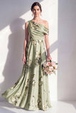 One Shoulder A-Line Sage Green Satin Floral Long Bridesmaid Dress