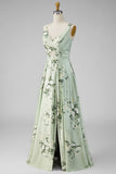A-Line Sage Green Satin V-Neck Floral Long Bridesmaid Dress with Slit