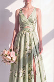 A-Line Sage Green Satin V-Neck Floral Long Bridesmaid Dress with Slit